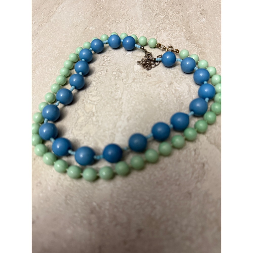 Vintage 1950s Plastic Bead Choker Necklace Set Pastel Blue Green Mid Century